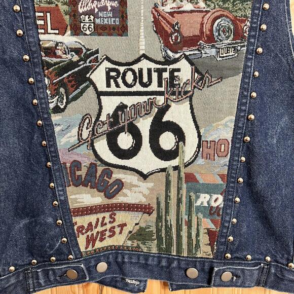 VTG Sundance Vest Denim Needlepoint Route 66 Get Your Kicks Hollywood USA Sz M - Picture 14 of 15